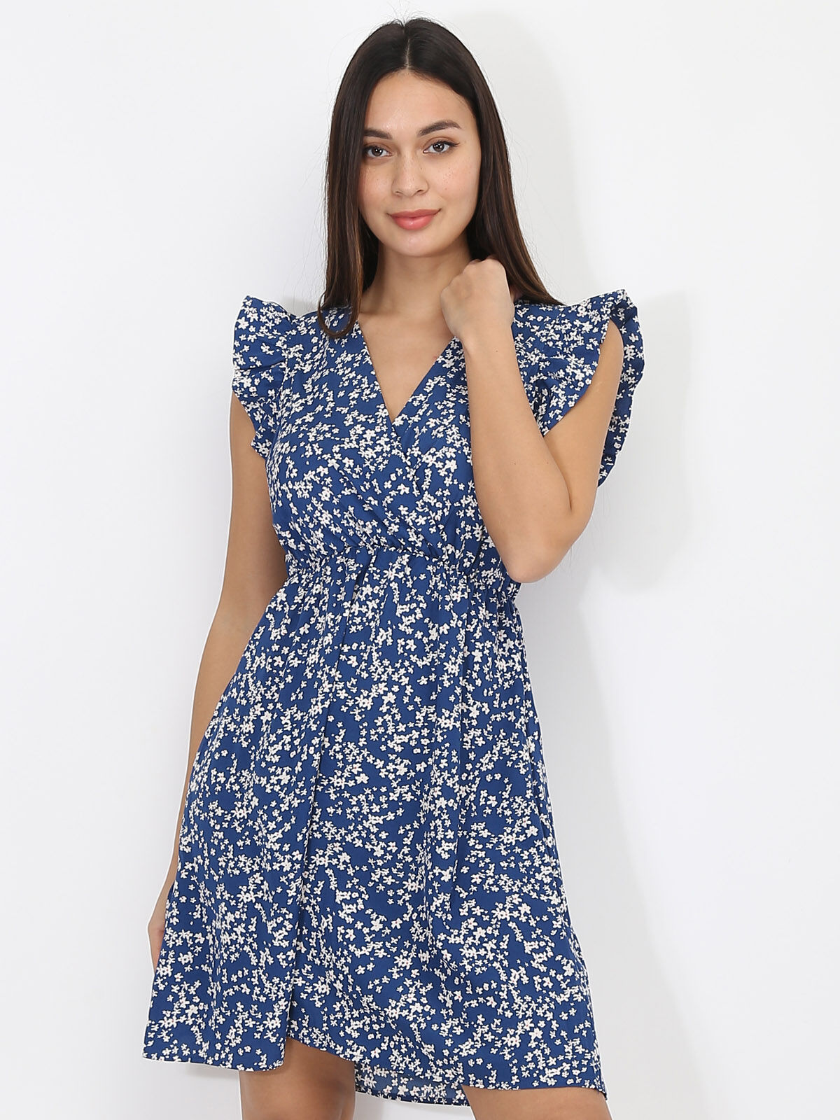 Robe évasée à fleurs et volants- Bleu