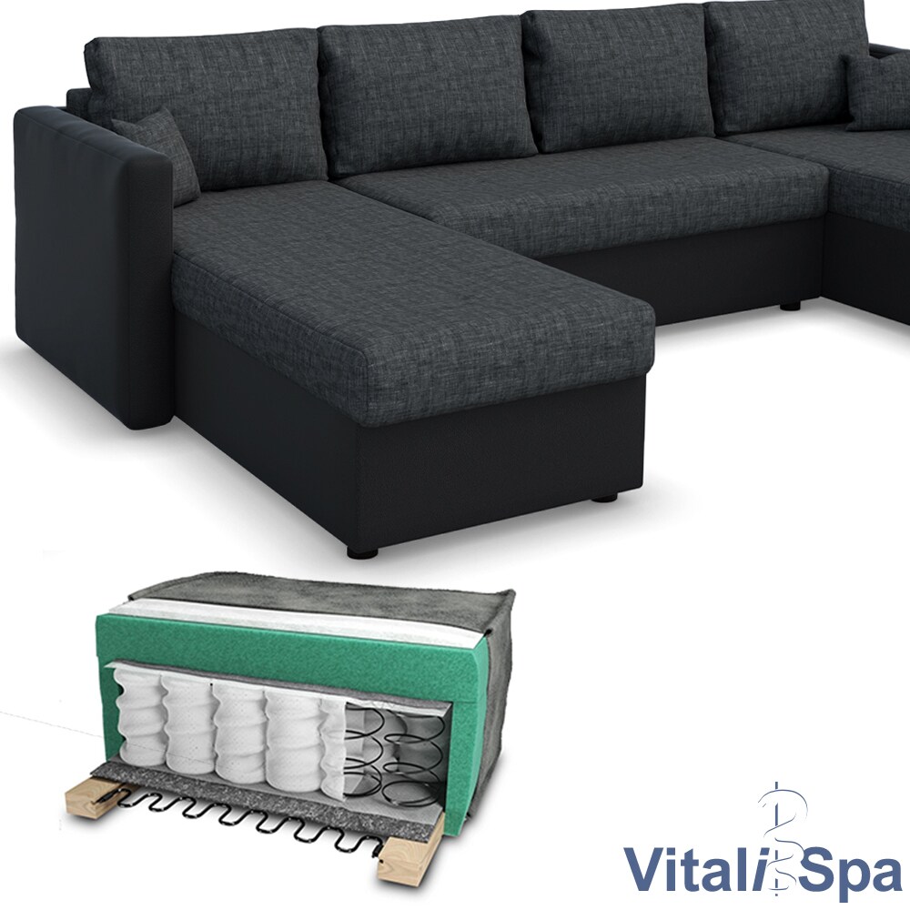 VICCO XXL Ecksofa mit Schlaffunktion Schwarz - Couch Ecksofa Schlafsofa Taschenfederkern Polstereck