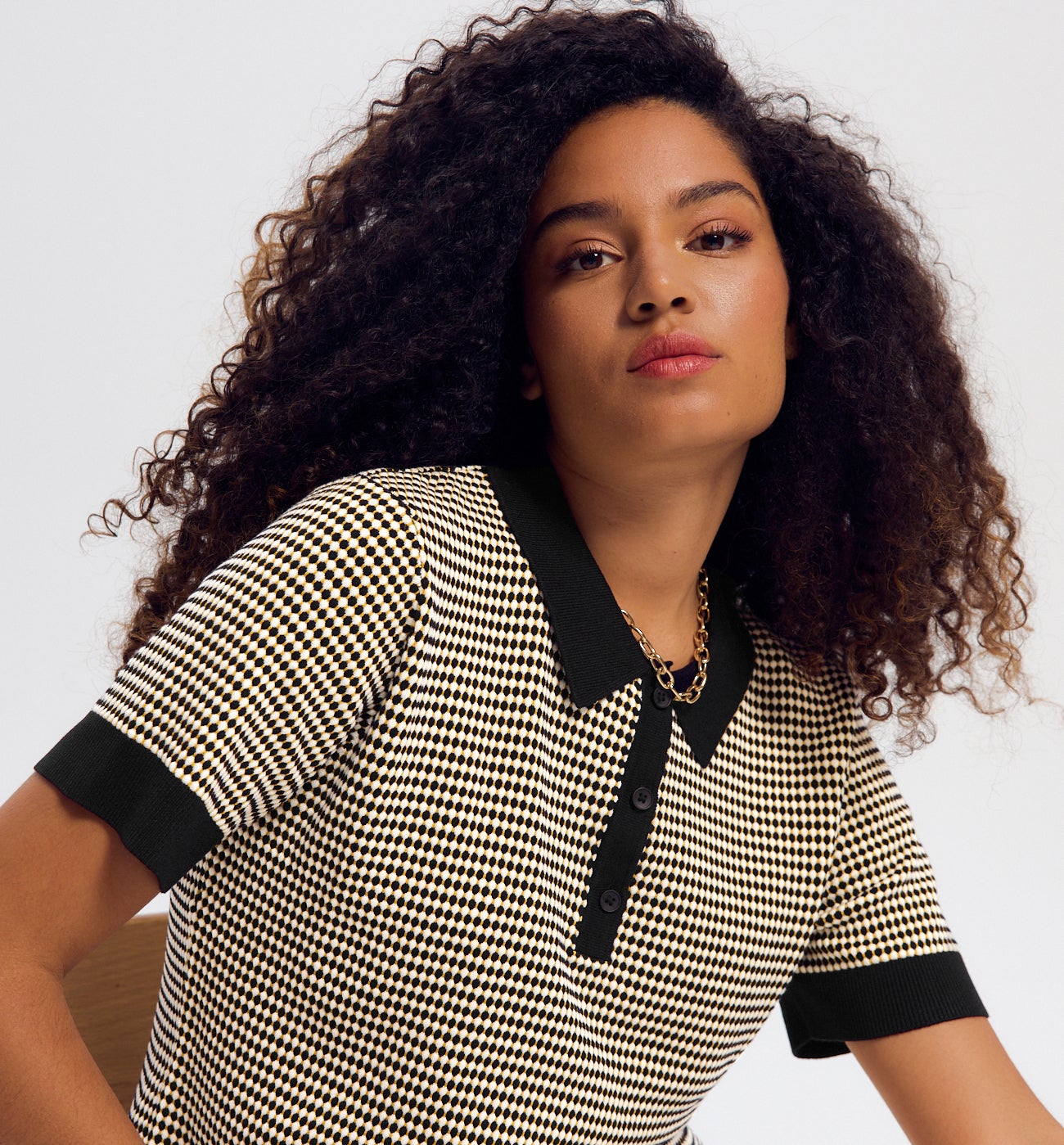 Pull polo effet jacquard Femme - Imprimé ocre
