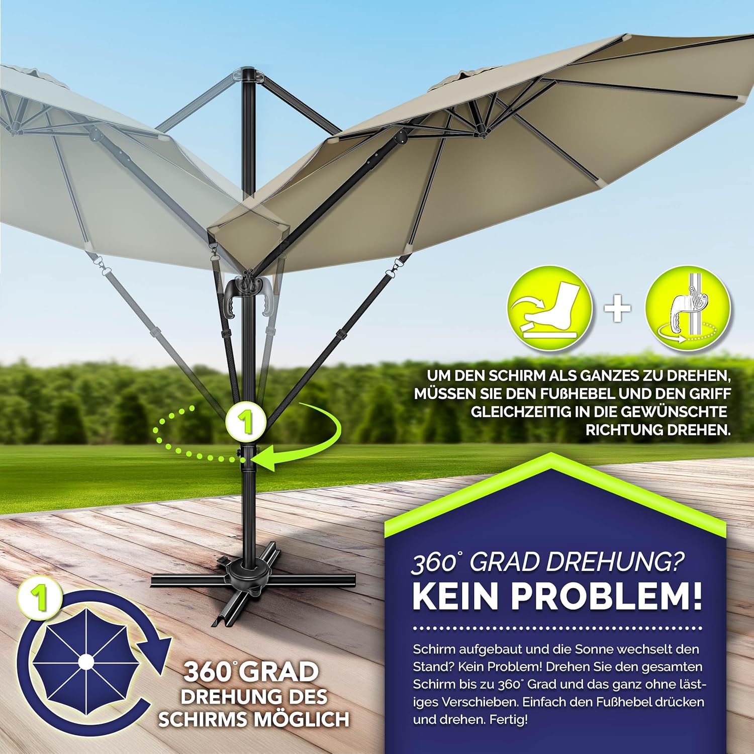 tillvex® Premium Alu Sonnenschirm 330 cm + Abdeckung & Windsicherung | Ampelschirm 6-Fach verstellbar mit Kurbel | Gartenschirm 360° Drehbar Neigbar Kippbar | UV50+ wasserdicht