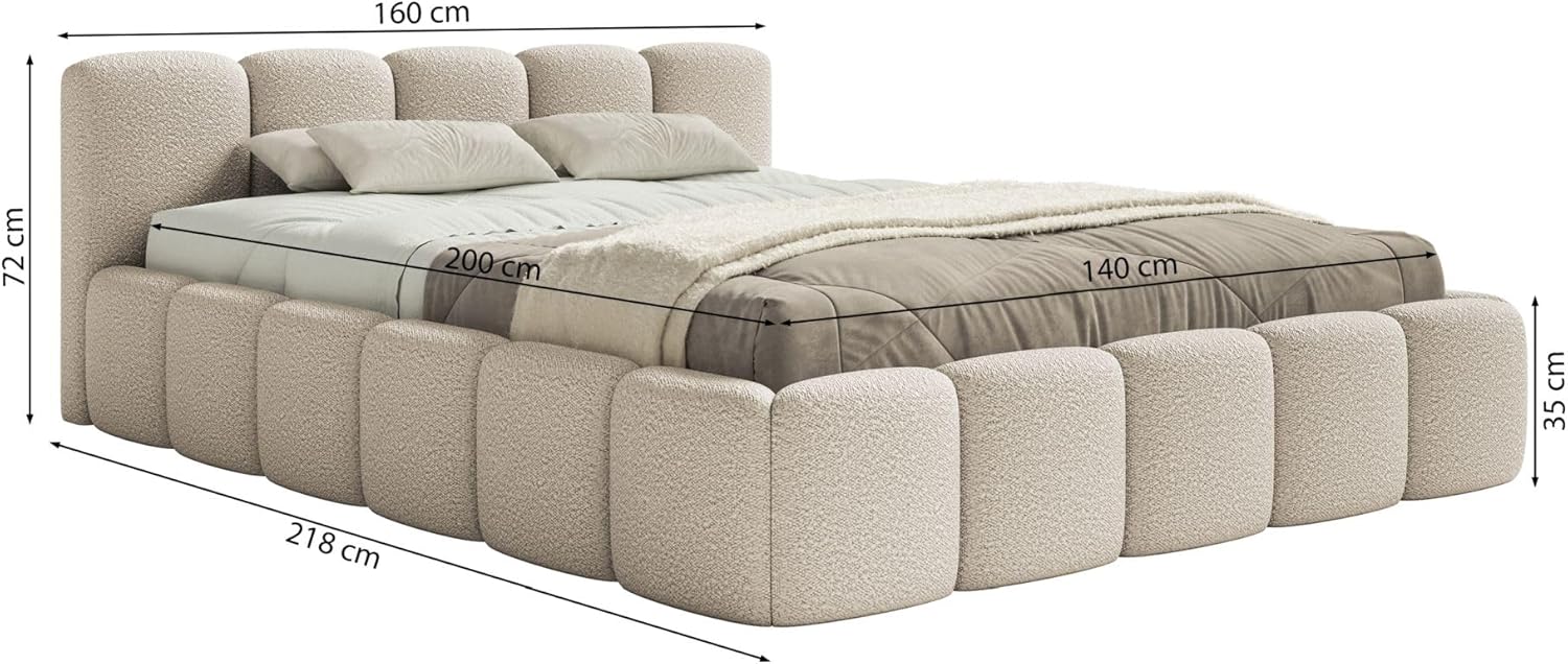 Selsey Polsterbett Cloudy Low 140x200cm mit Stauraum, Bettgestell aus Metallrahmen, Gepolstertes Bett mit Lattenrost, Modernes Design, Bouclé-Stoff in Olivgrün