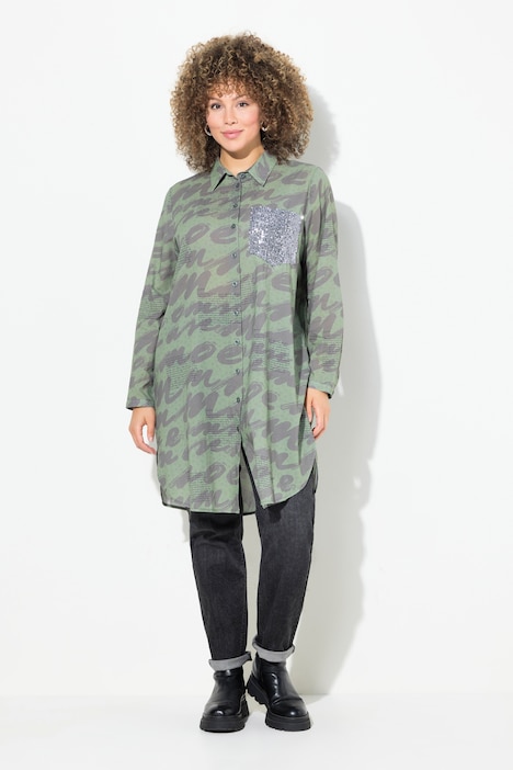 Longbluse, Scribble-Muster, Hemdkragen, Langarm