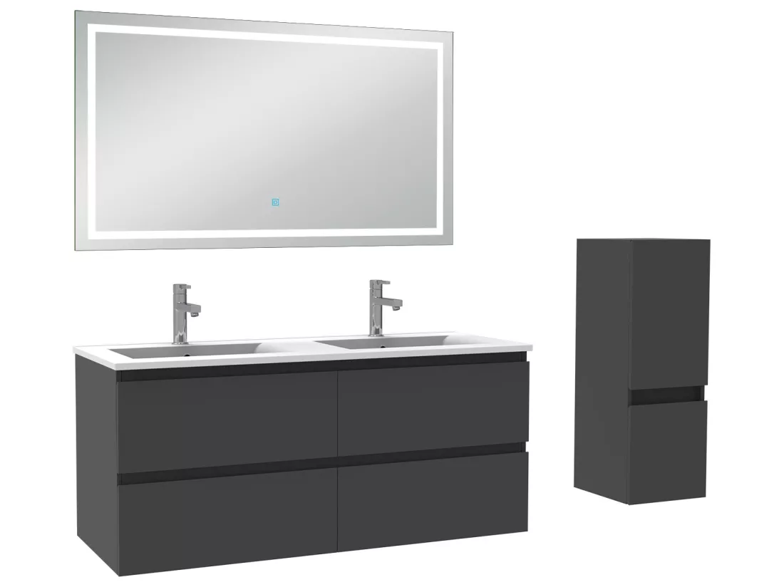 Ensemble meubles Salle de Bain 120cm 4pcs vasque et colonne et miroir LED Anthracite - Aica