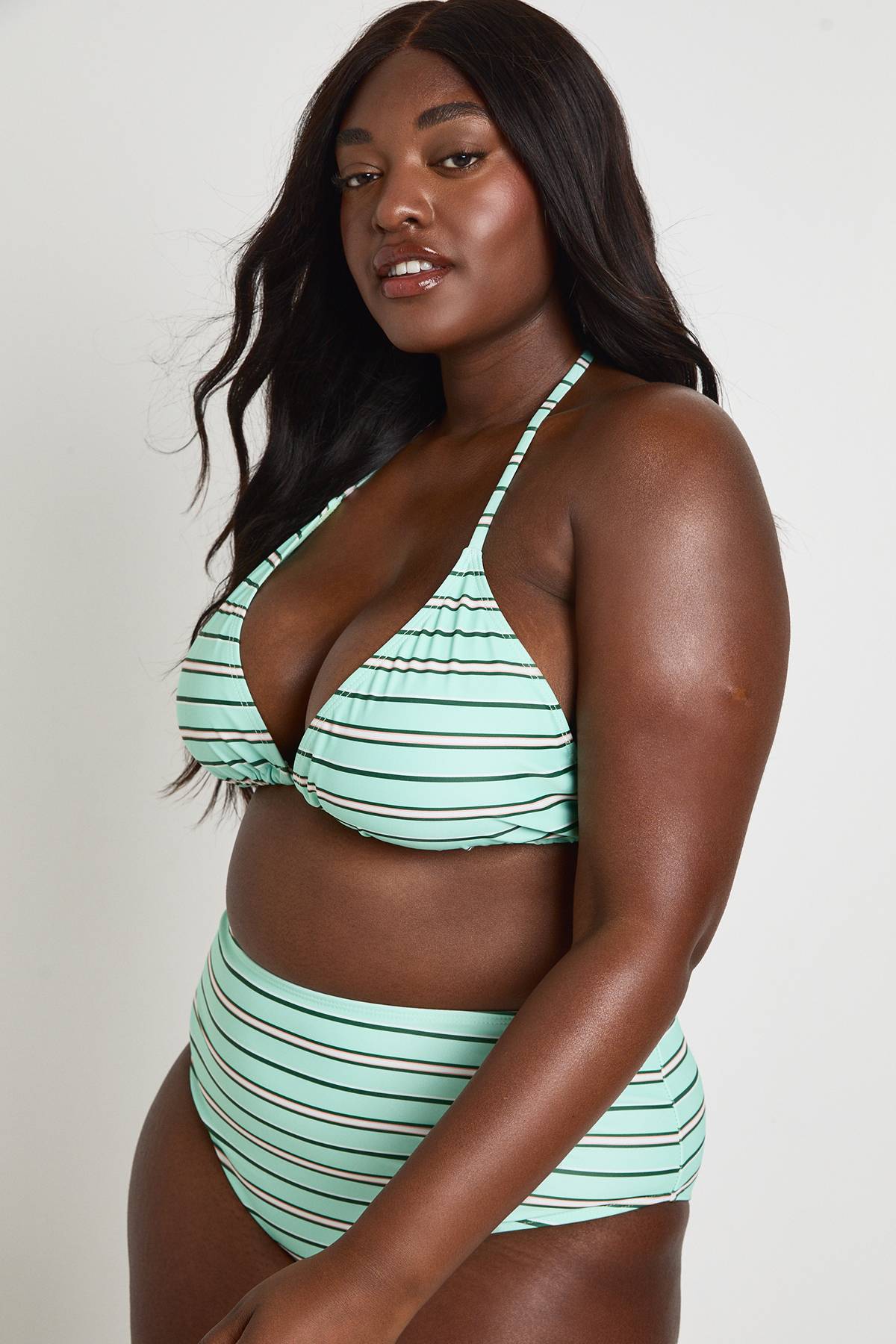 boohoo Bikini Grande Taille À Rayures Avec Haut Triangle Et Taille Haute