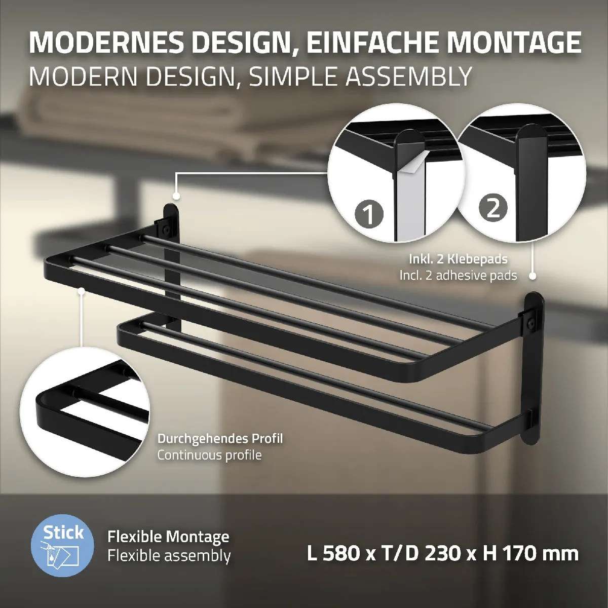 Porte-serviettes ML-Design autocollant 58 cm noir