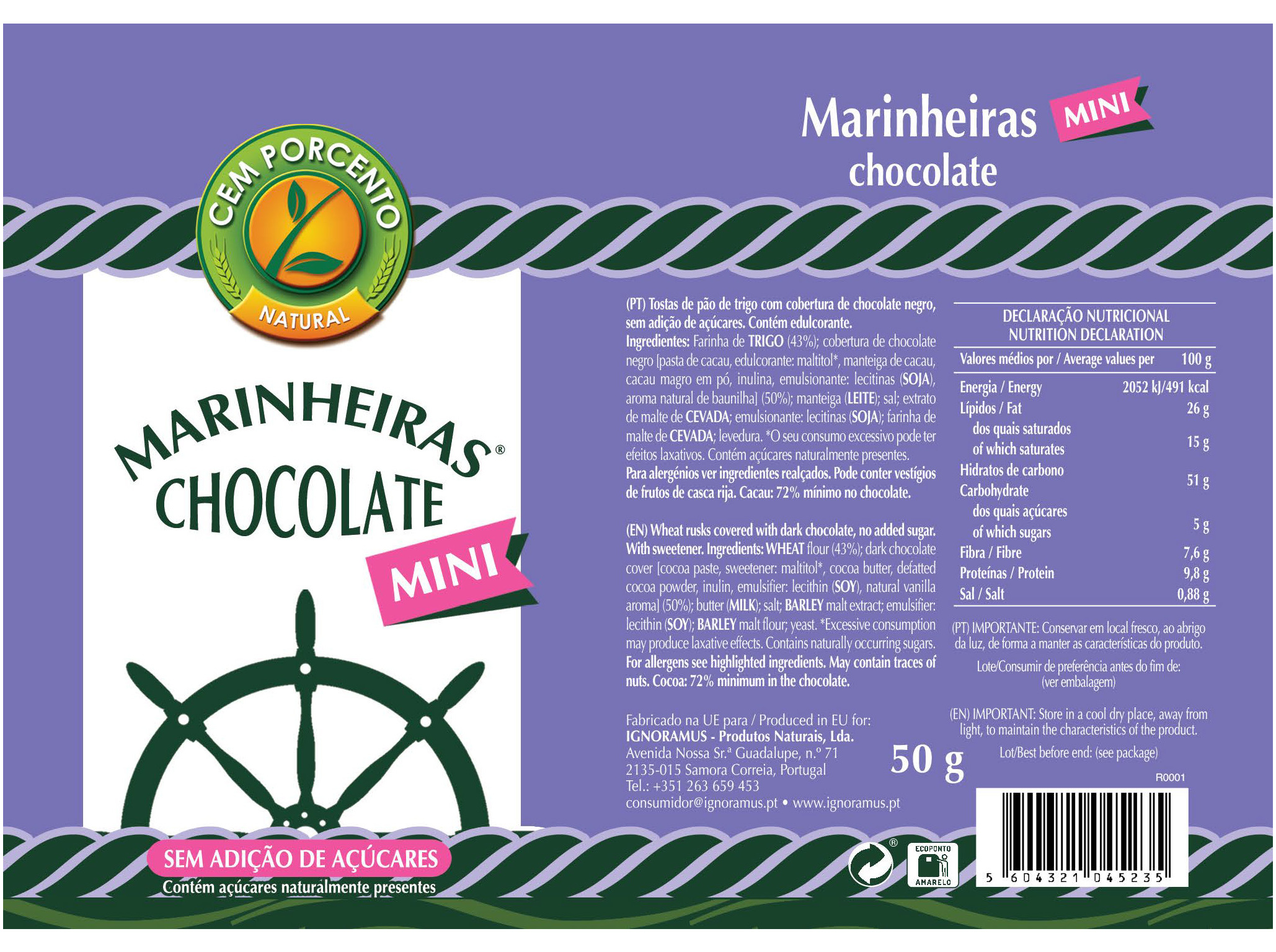 BOLACHAS CEM PORCENTO MINI MARINHEIRAS CHOCOLATE 50 G
