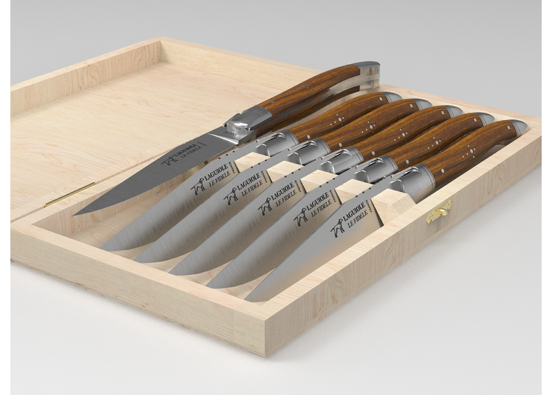 Service de 6 couteaux Laguiole avec un manche en bois de gaïac et mitres en acier inoxydable
