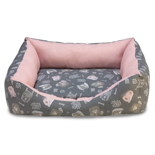 Cama quadrada Arquivet para cães em rosa e cinza.