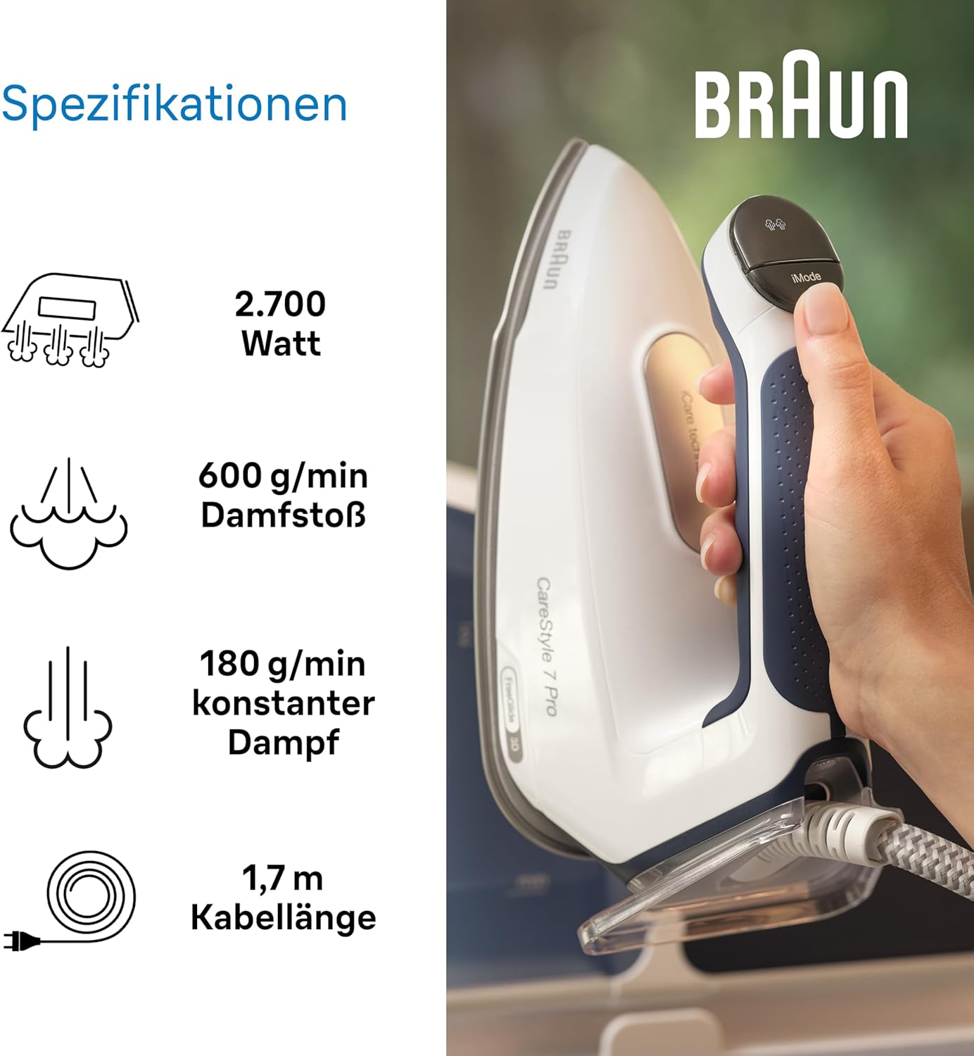Braun CareStyle 7 Pro Dampfbügelstation IS 7282 BL – Dampfbügeleisen mit FreeGlide 3D Bügelsohle, iCare-Funktion, abnehmbarer 2 L Wassertank, Dampfstoß 600 g/min, 2700 Watt, Blau/Weiß