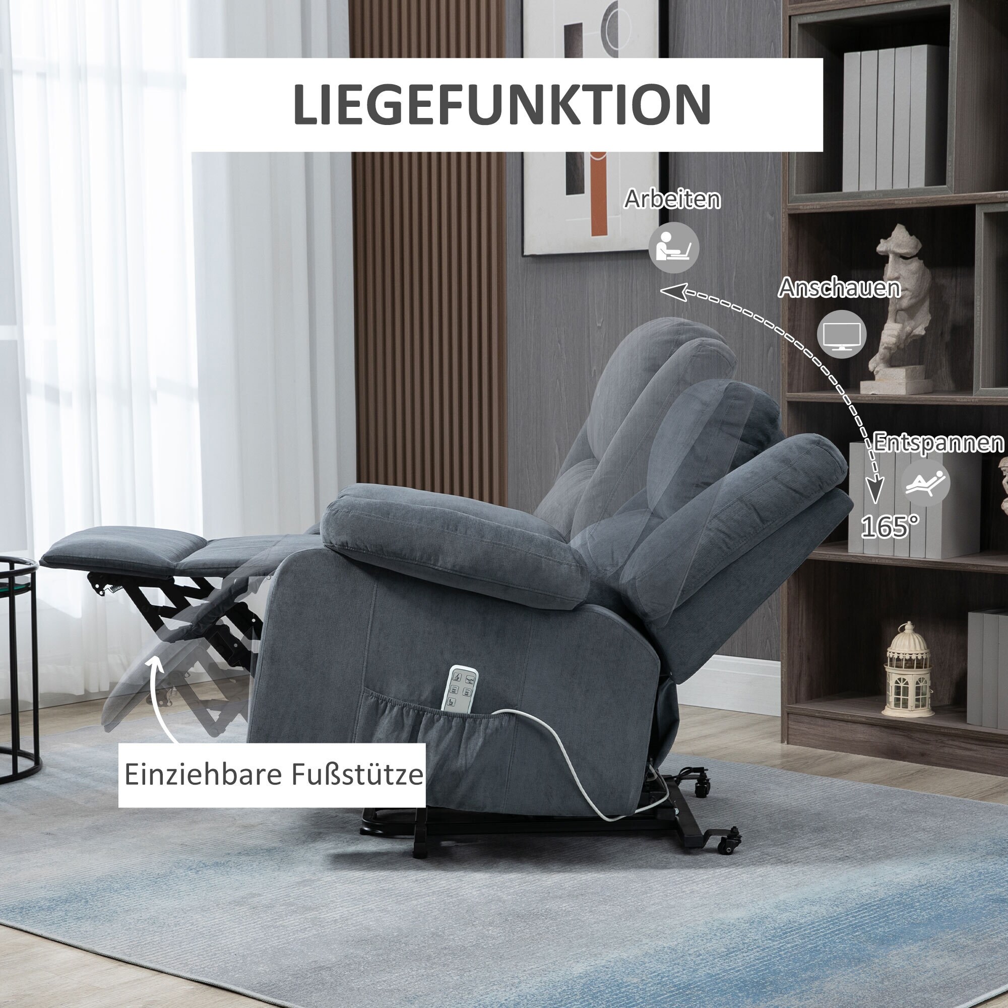 HOMCOM Aufstehsessel mit Liegefunktion grau 92L x 93B x 105H cm