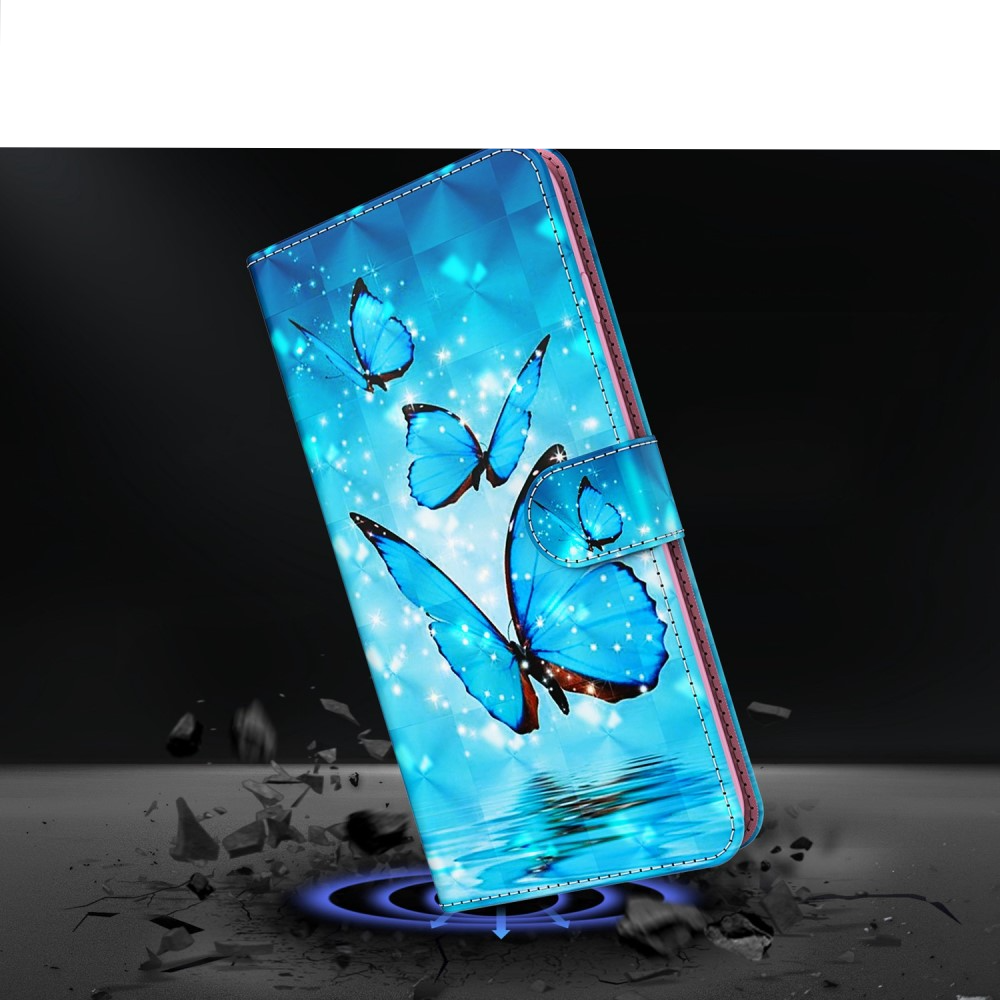 iPhone 14 Leder Tasche mit Kartenfach   Handschlaufe - Schmetterling (Blau)