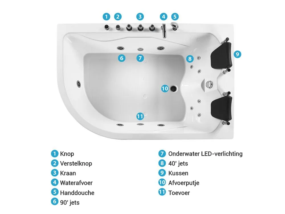 Hoek bubbelbad met LED CALAMA linkszijdig 180 x 120 cm Wit