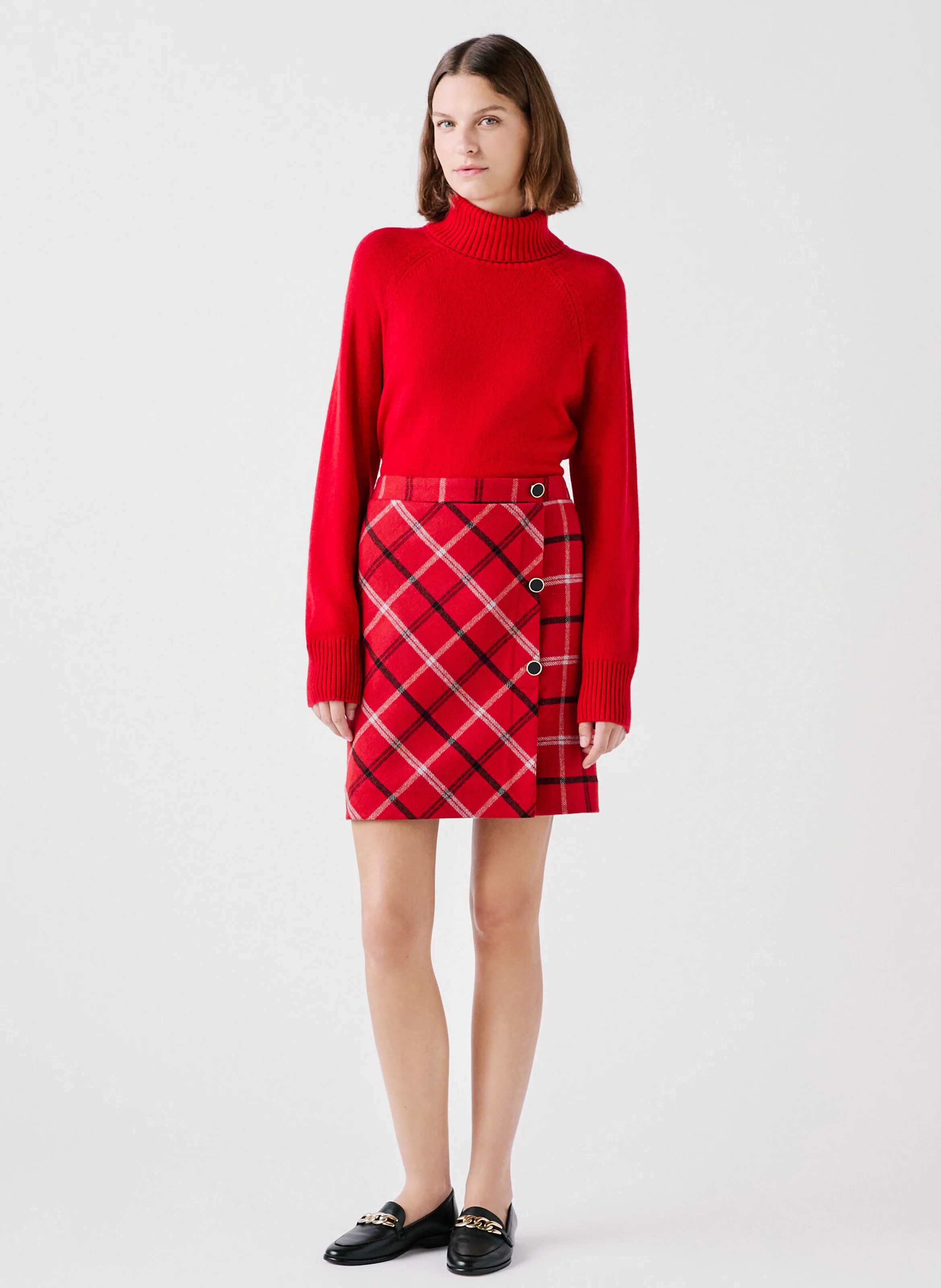 JUSTINE - Jupe courte tartan en laine mélangée | Rouge