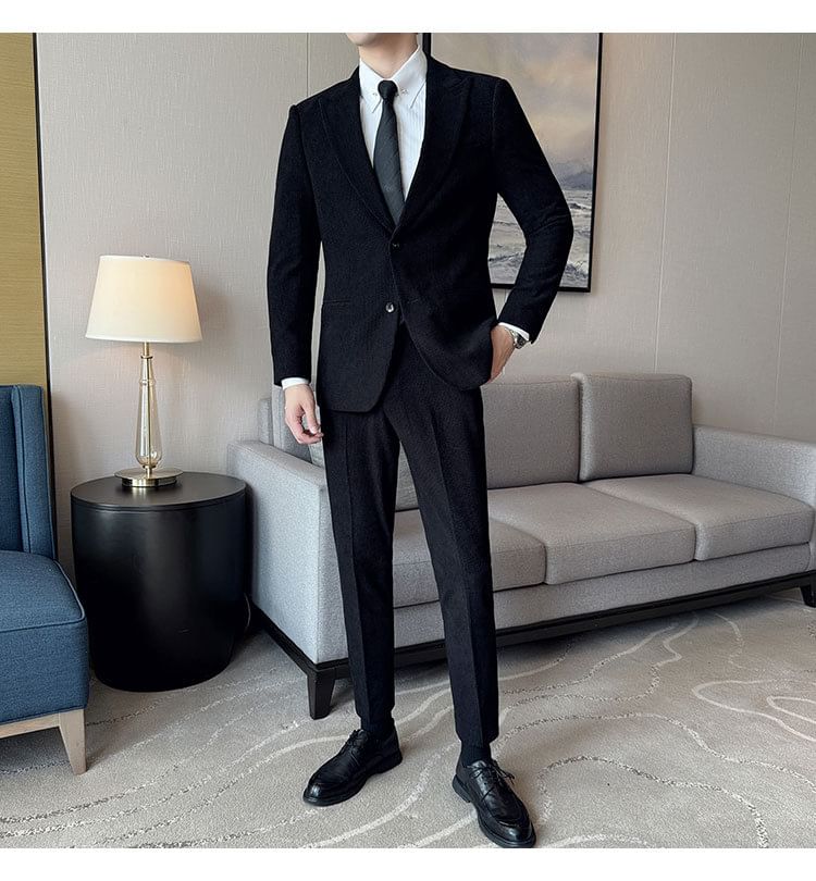 Lefitt - Set: effen corduroy blazer met één knoop + pantalon