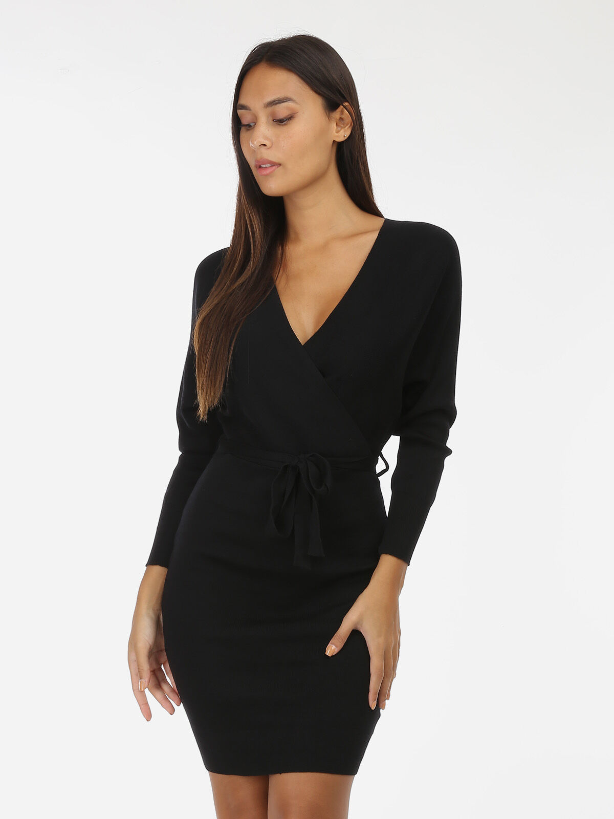Robe pull moulante ceinturée- Noir