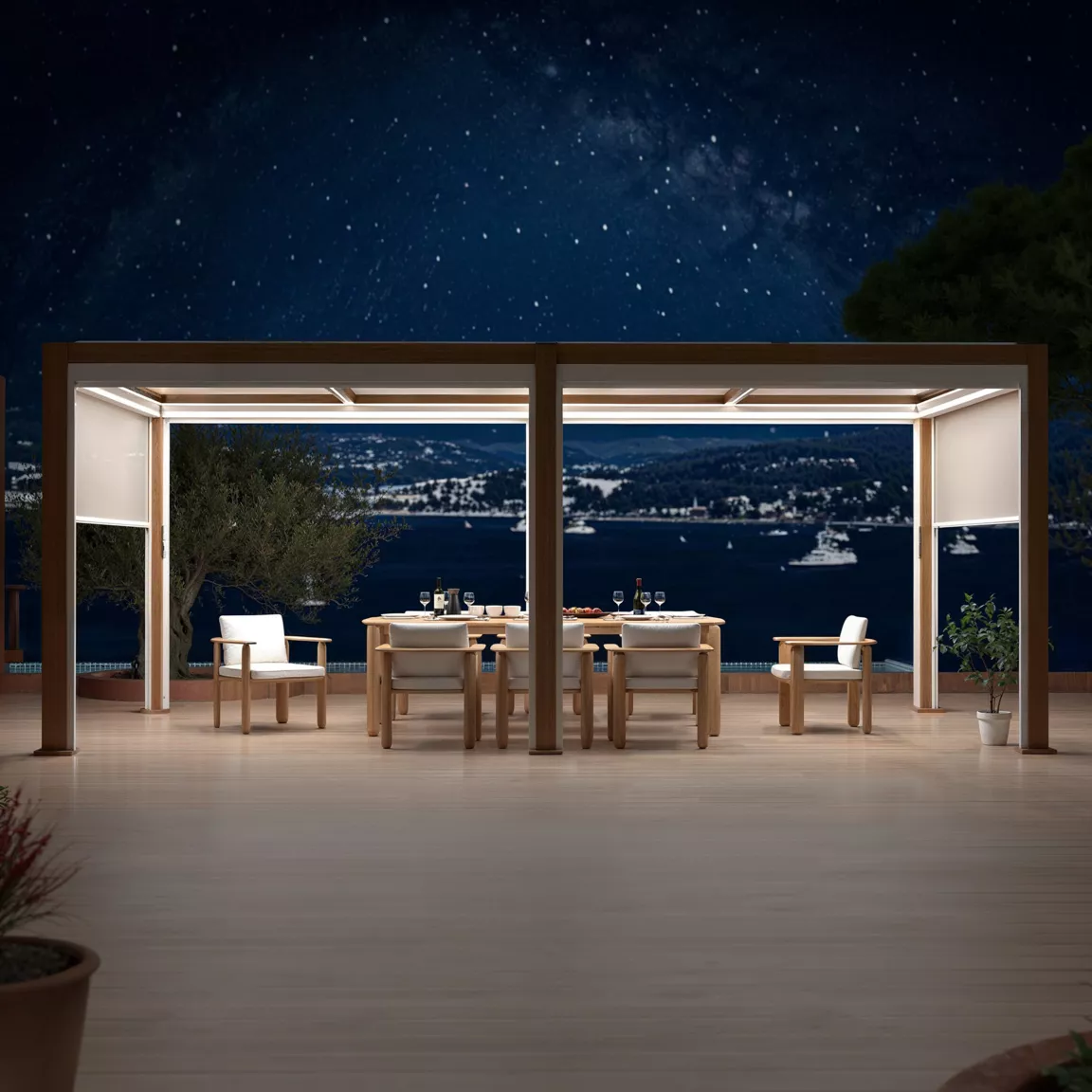 Pergola bioclimatique Autoportée motorisée aluminium et LED (3 x 6 m) Bois
