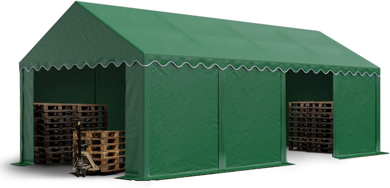 TOOLPORT Lagerzelt 4x8 m Industriezelt Unterstand PVC Plane 750 N dunkelgrün mit Bodenrahmen und Dachverstärkung