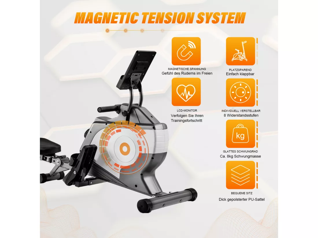 Rameur magnétique Rameur pliable avec système de serrage magnétique, moniteur LED (ne comprend pas le PAD)