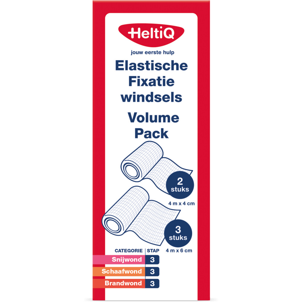 HeltiQ Elastische Fixatiewindsels Volume Pack 2 stuks: 4m x 4cm + 3 stuks: 4m x 6cm5 stuks