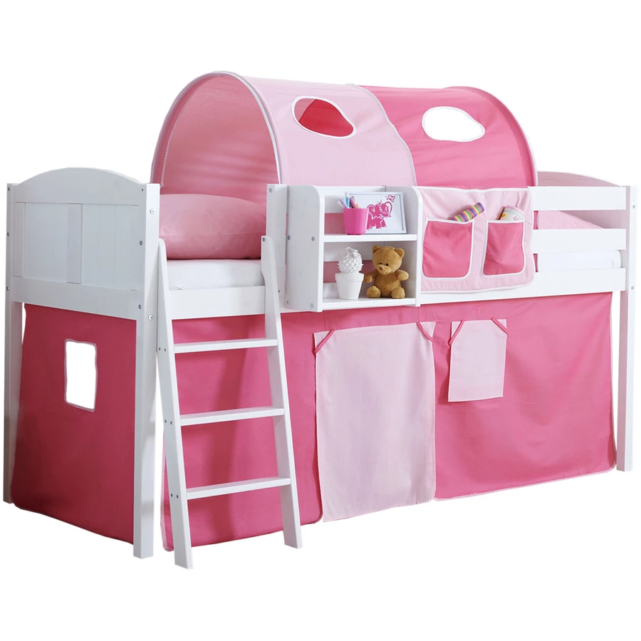 TICAA Hochbett Eric Country Kiefer Weiß Classic Rosa-Pink