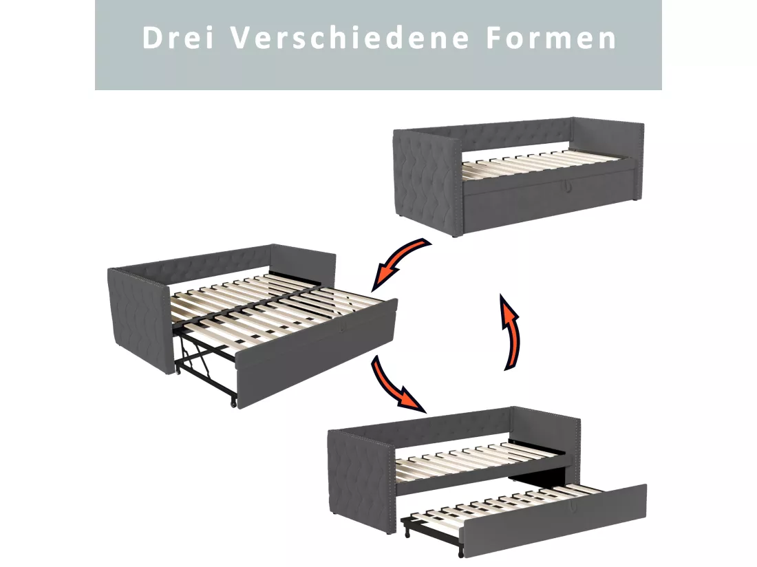 Lit gigogne 90/180 x 200 cm avec tête de lit - Velours doux - sommier à lattes - gris foncé (sans matelas)