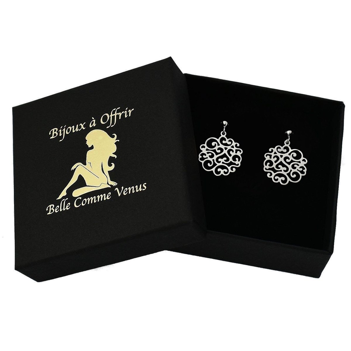 Boucles d'oreilles arabesque de coeurs ajouré Argent 925 Rhodié