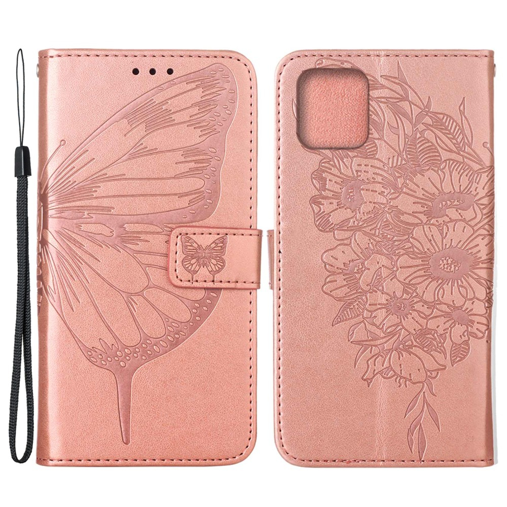 iPhone 13 Pro Leder Tasche mit Kartenfach   Handschlaufe Schmetterling / Blumen - Roségold