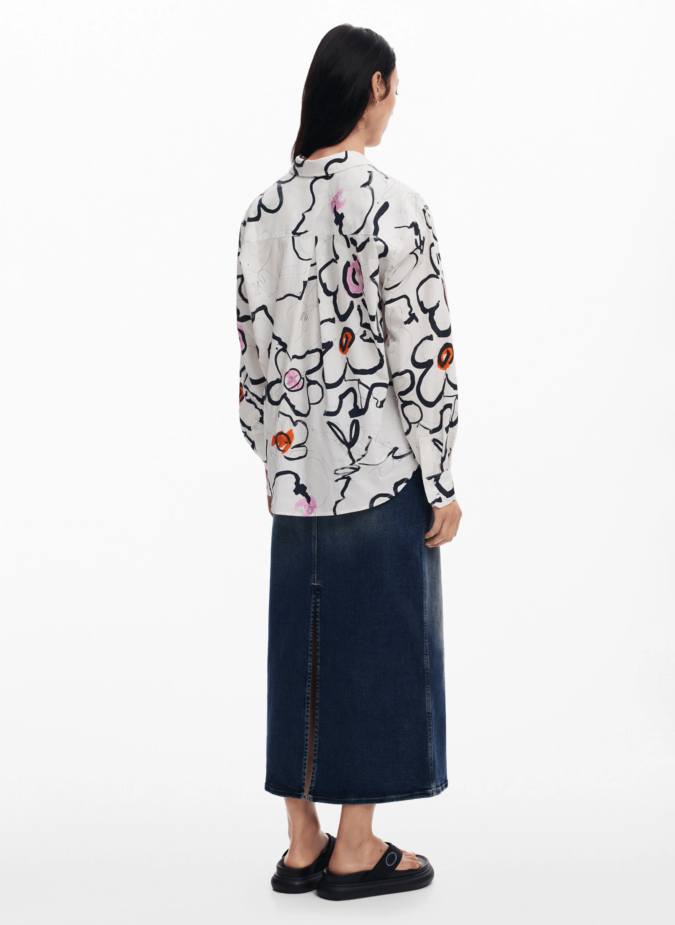 Chemise droite à fleurs en coton | Blanc