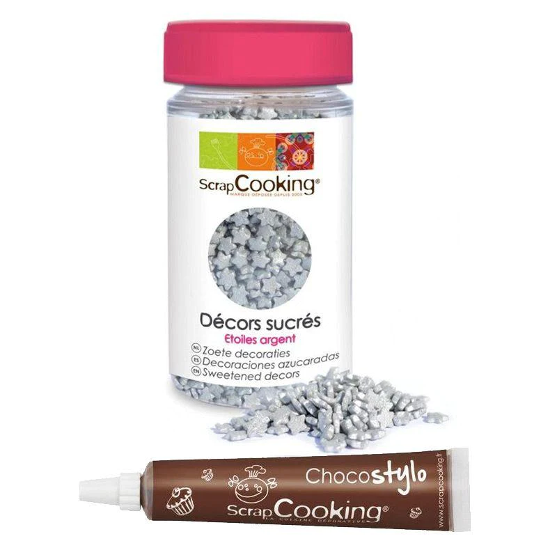 Décors sucrés étoiles argentées + Stylo chocolat Scrapcooking