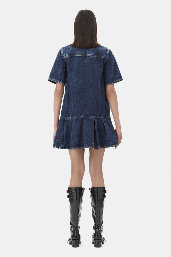 Ganni Crinkled Future Denim Mini Dress Mid blue stone