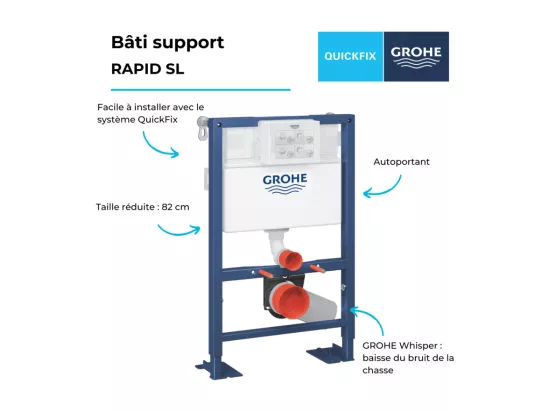 GROHE - Bâti support pour wc hauteur réduite Rapid SL, 0.82 m + plaque de commande chromée