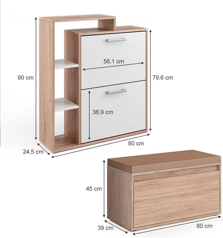 Vicco Meuble à chaussure Orlando, Sonoma, 2 parties, avec banc PQ9731794