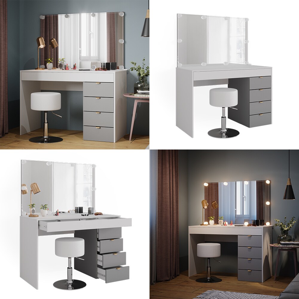 Vicco Schminktisch Elise Weiß Grau 115 x 76 cm modern Frisiertisch Schubladen Spiegel Hocker LED-Beleuchtung
