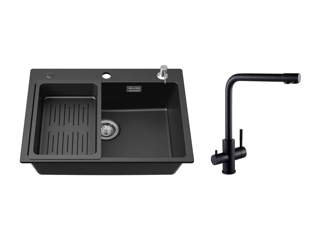 Noir Evier en Quartz et Résine avec Panier de Vidange et Distributeur de Savon 60*45*20cm + Mitigeur Evier à 3 Voies, 2 Leviers, Noir