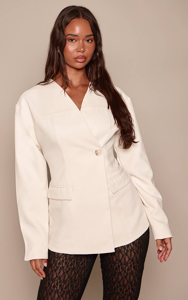 Crème Blazer Cintré Asymétrique Sans Col Ajusté