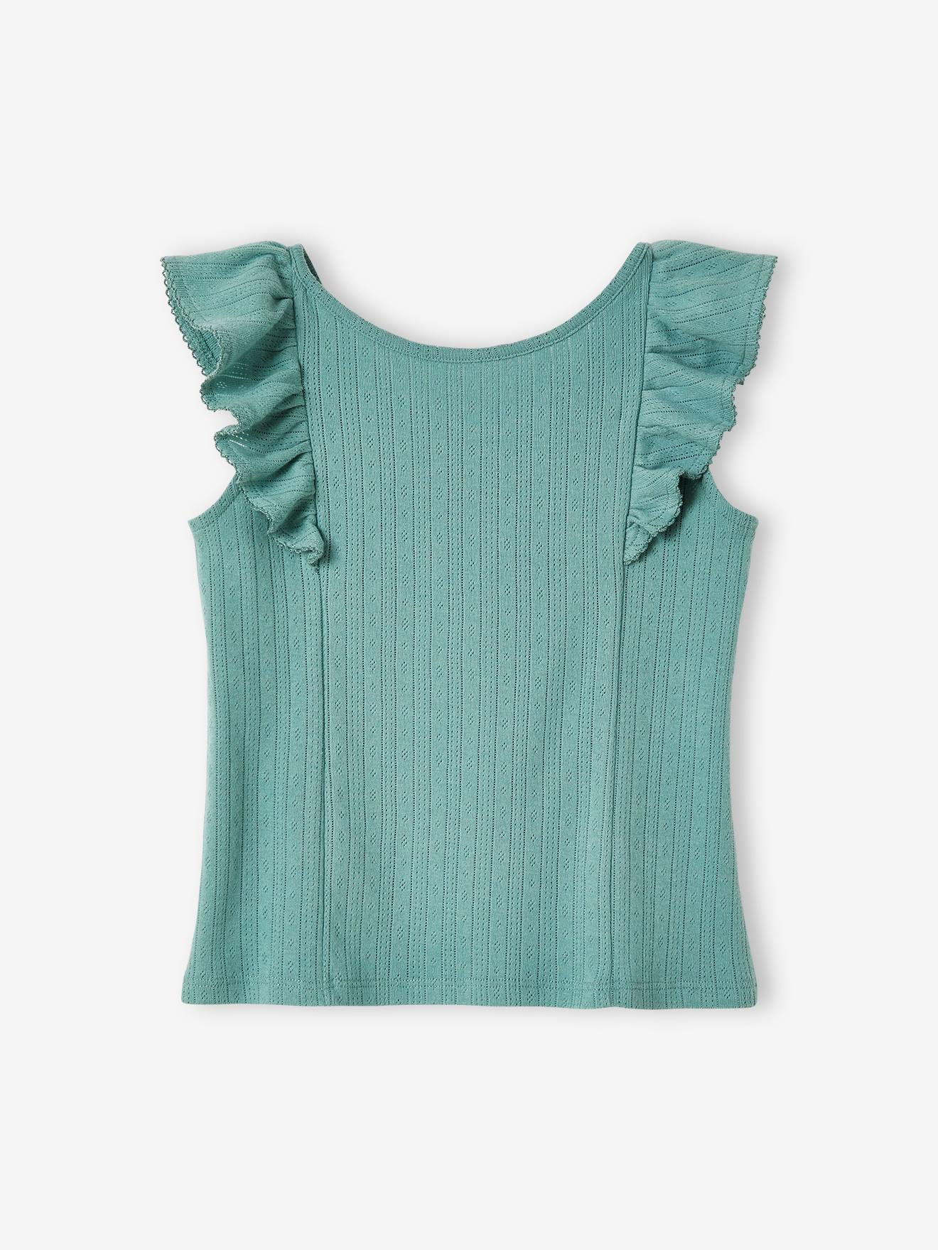 Blusa regata feminina bege em tricô vazado com babados.