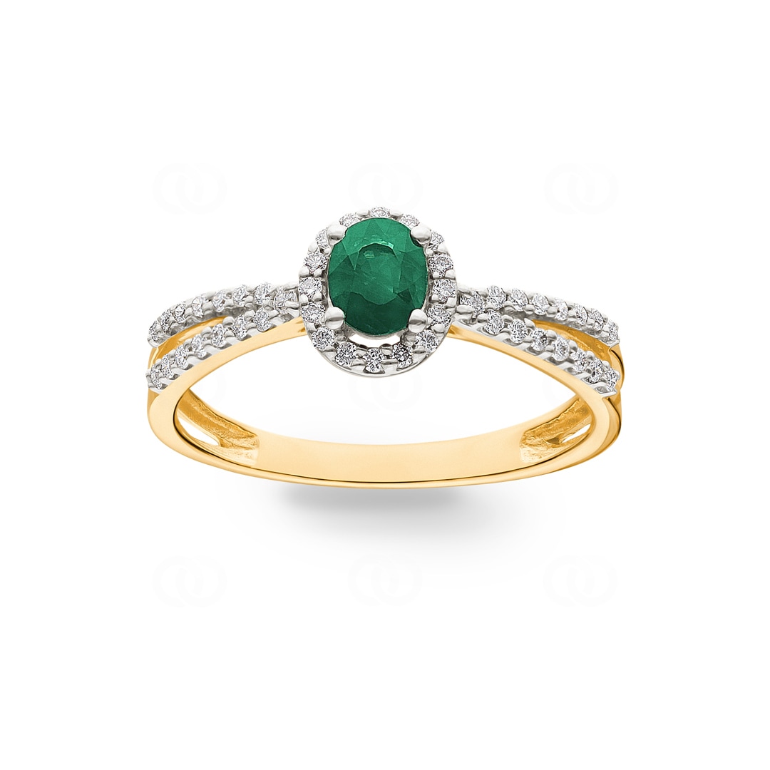 Damenring 750/18 K Gelbgold mit Smaragd oval und Diamanten 0.19 ct H/si