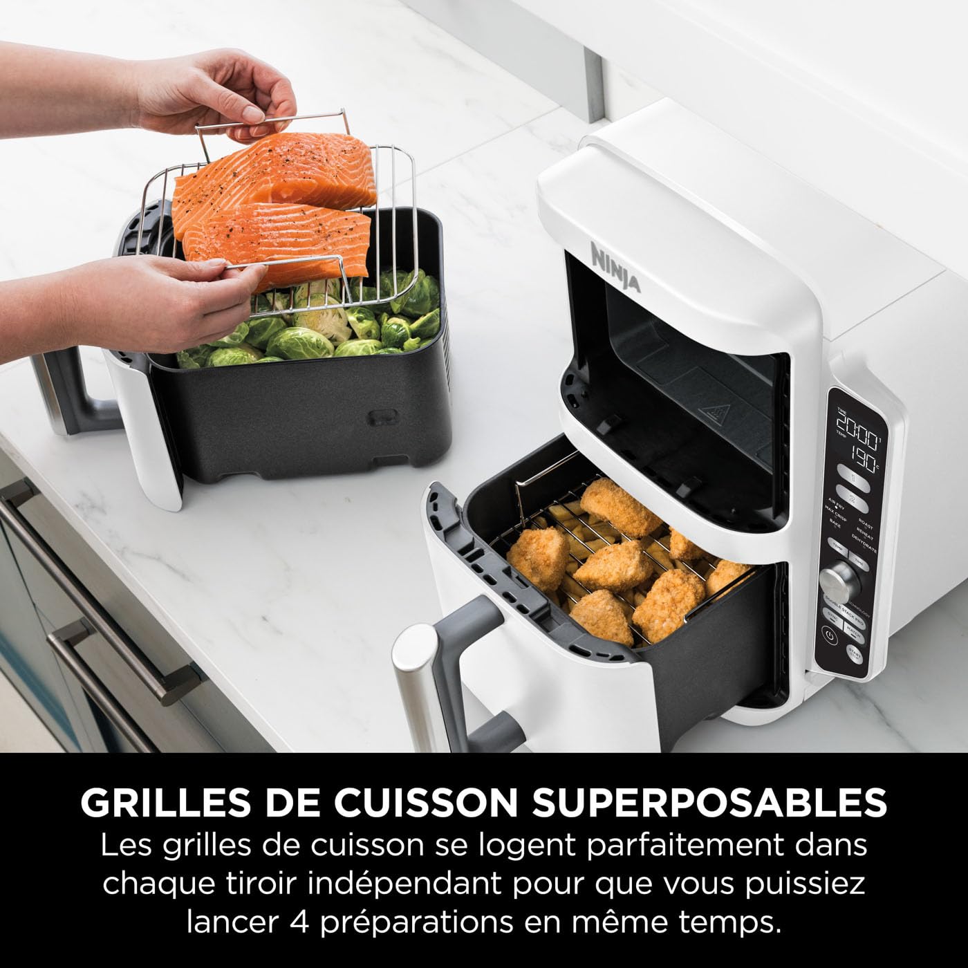NINJA Double Stack XL Air Fryer, Friteuse sans huile Verticale Double Tiroir 4 Niveaux de Cuisson, 2 Tiroirs, 2 Grilles, Capacité de 9,5 L, 6 Fonction