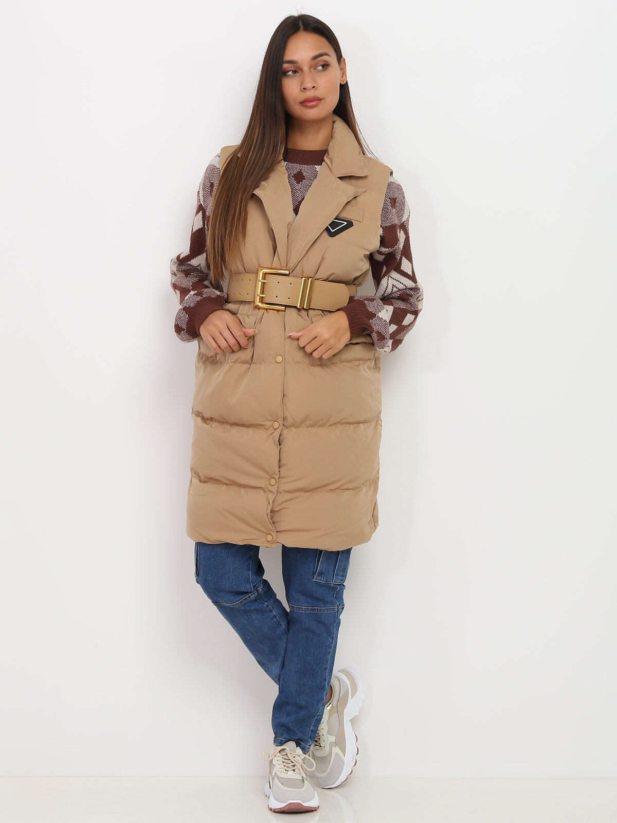 Doudoune sans manches avec ceinture- Camel