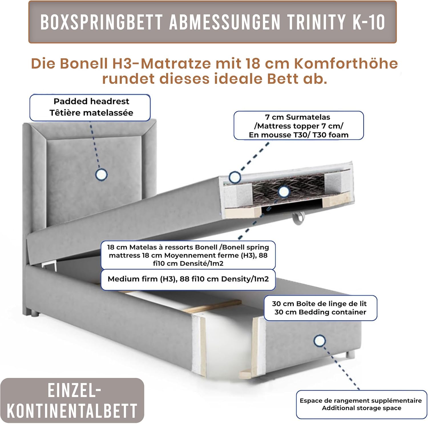 Trinity K10 EinzelBett | Boxspringbett mit Bonell Federkernmatratze 100x200 | MatratzenTopper 100x200 | Bett mit Matratze | Bett mit Stauraum