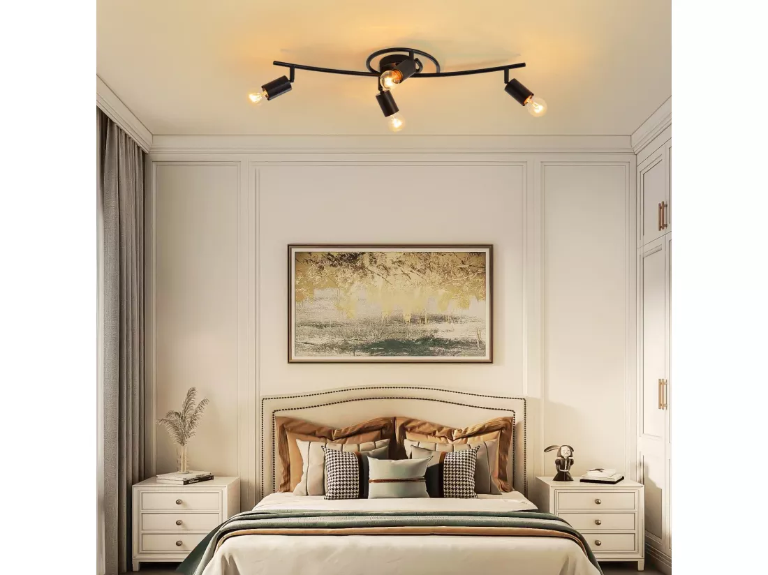 Spot De Plafond Vintage Noir 4 Flammes E27 Pivotant 350° Industriel Pivotant