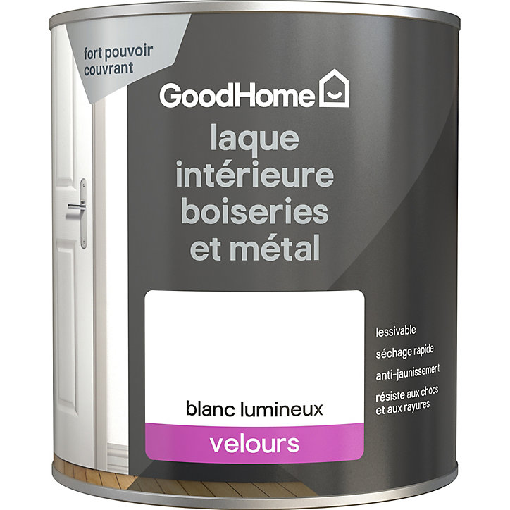 Laque haute résistance boiseries et métal GoodHome velours blanc 750ml