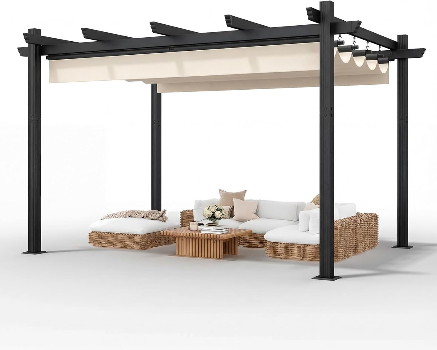 Pergola Pavillon 3x4m wasserdicht stabil Winterfest, Gartenpavillon Aluminium mit Schiebedach, Sonnenschutz für Garten Terrasse & Balkon, Beige
