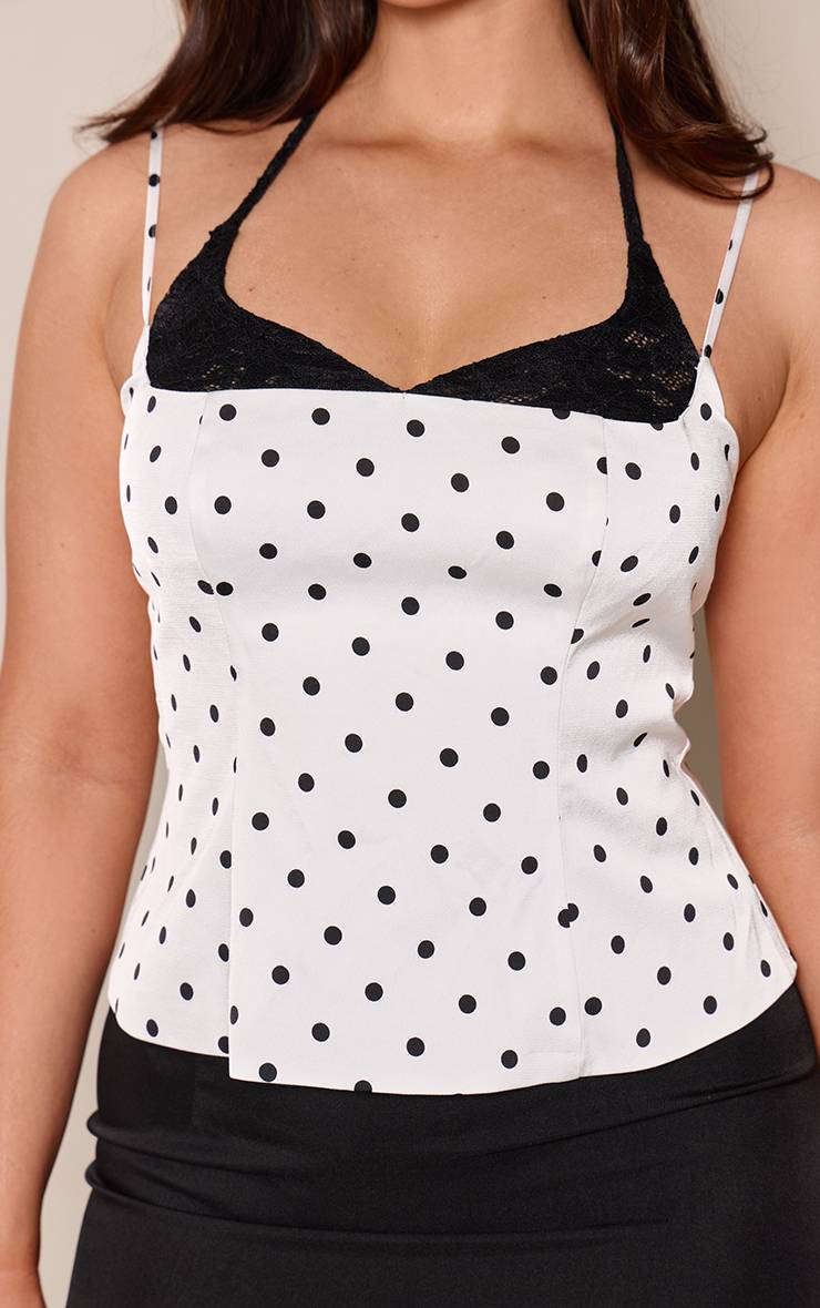 Blanc Top Corset Caraco À Détail Buste En Dentelle À Pois Sculptant