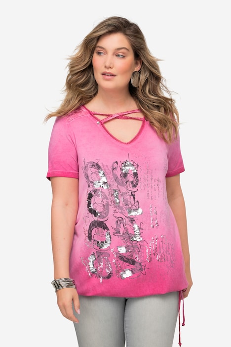 T-Shirt, V-Ausschnitt mit Zierbändern, Halbarm, Saum zum Binden