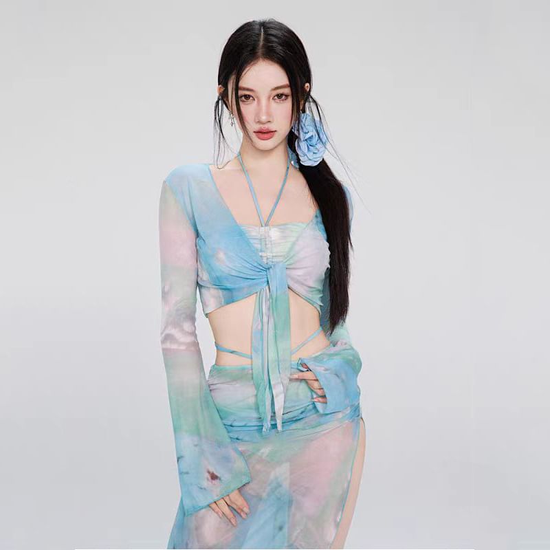 Seneliel - Set: Halter Tie Dye Bikini Top + Broekje + Lange Mouwen Cover Up Top + Rok