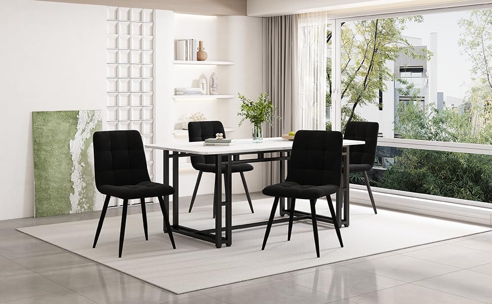 HAUSPROFI Esstisch Set mit 4 Stühlen, Rechteckig Küche Esstisch Sitzgruppe, Modern Design Holzmöbel Esszimmergruppe für Wohnzimmer Küche Büro (Schwarz, Samt, 140x80x74cm)