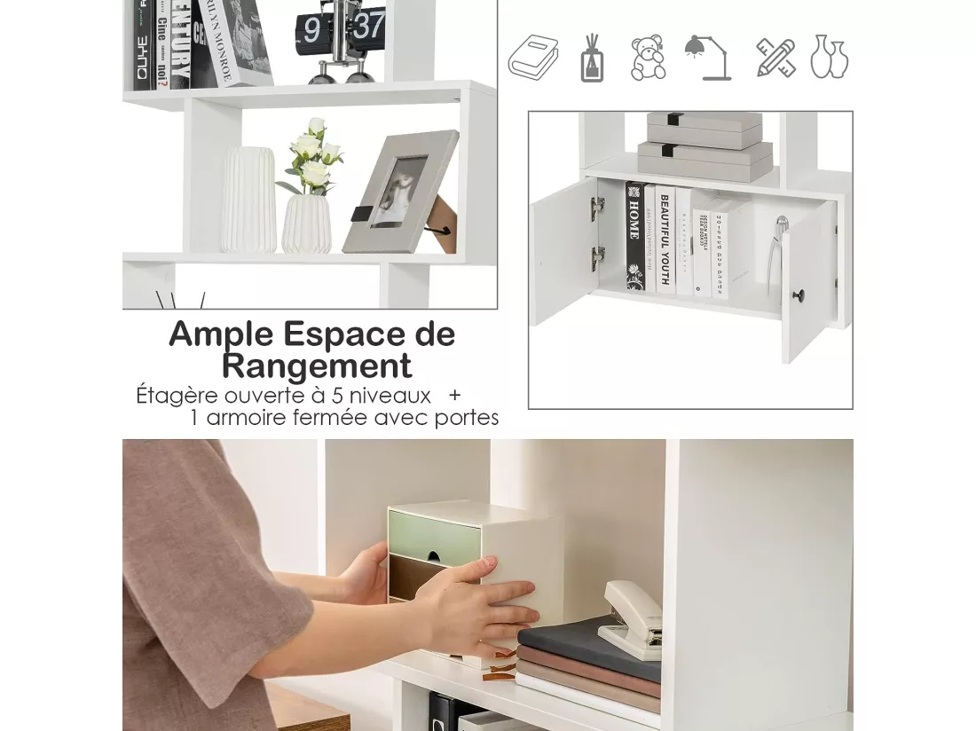 Bibliothèque à 6 niveaux avec 2 portes-70 x 23 x 183 cm-étagère de rangement en bois forme en S, Blanc