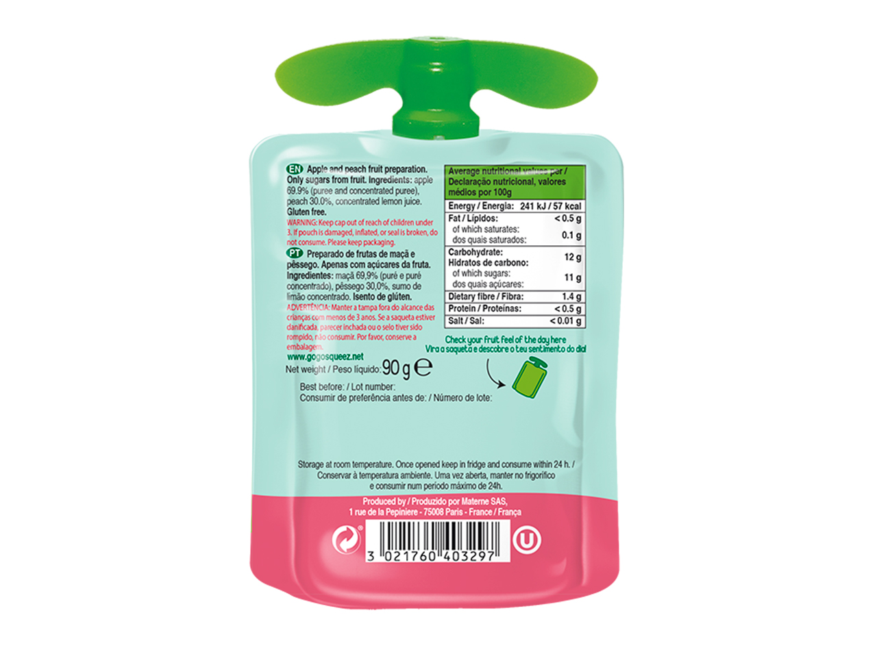SAQUETA FRUTA GO GO SQUEEZ MAÇÃ E PESSEGO 90G