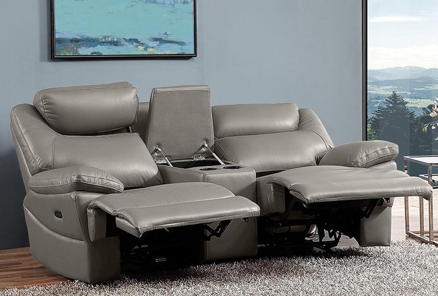Mapo 3581 2-Sitzer Kinosofa elektrisch verstellbar | Heimkino Relaxsofa aus Comfort Leder mit Cupholder & Ablagefach | Fernsehsessel, Vollleder, bis 160 kg pro Sitz | Grau-Braun (Leder)